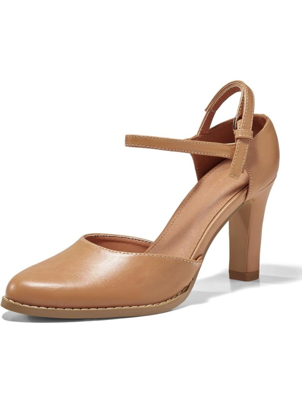 Women's Khaki Chunky High Heels Closed Pointed Toe Ankle Strap Pumps Party Shoes